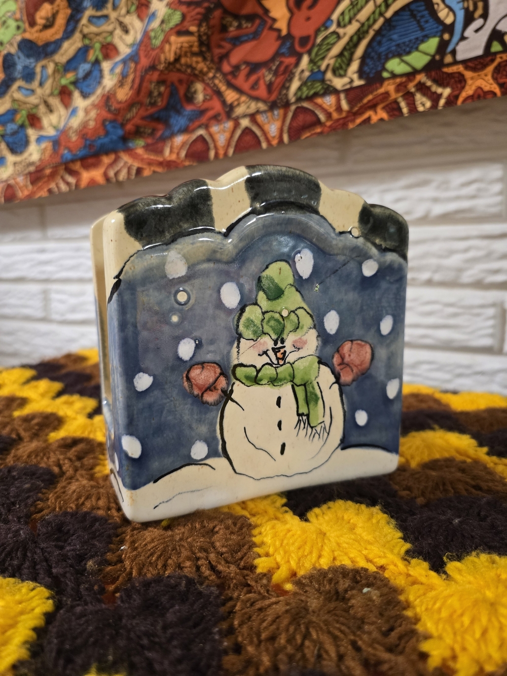 Hand-Painted Snowman Ceramic Napkin Holder - Blue, Green, Pink